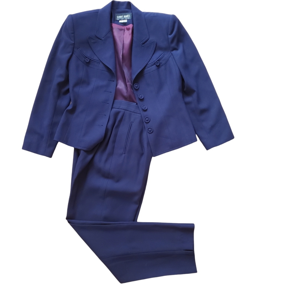 Vintage Sunny Names Navy-blue Woman 2-Piece Career Suit, Size 10 Petite